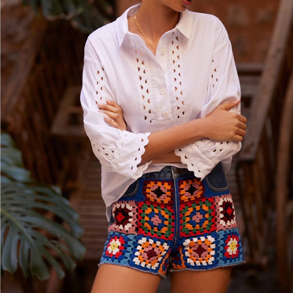 Farm Rio Ultra High-Rise Crochet Denim Shorts